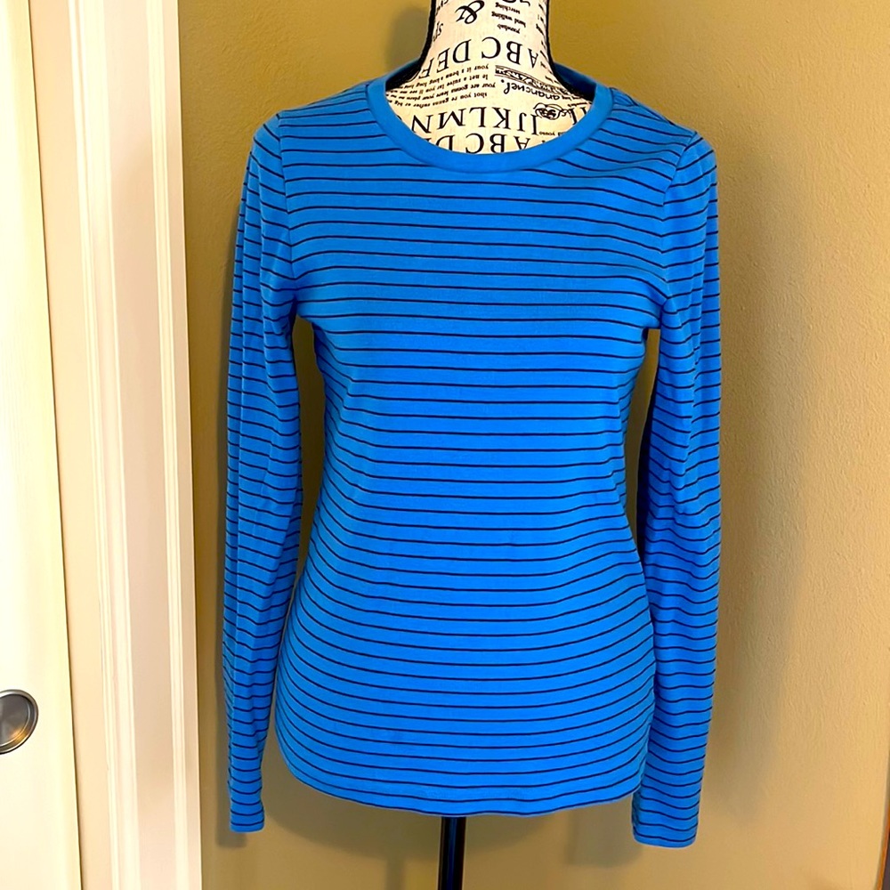 J Crew Perfect Fit long sleeve striped tshirt, navy stripe  on blue